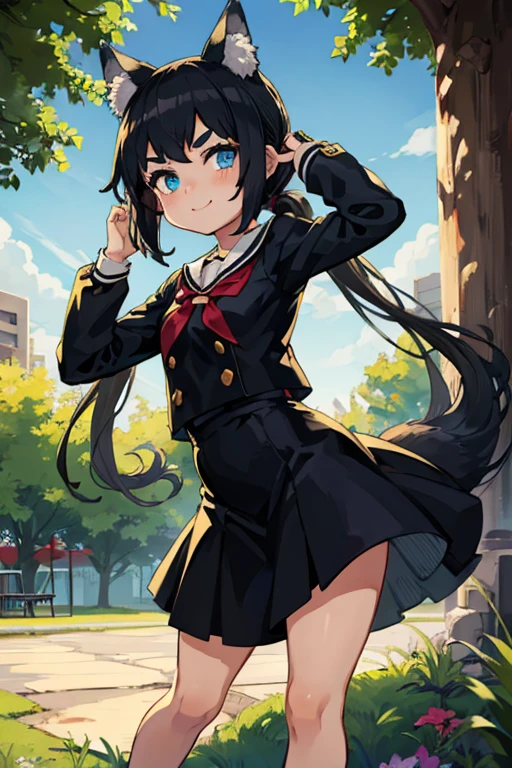 Young girl with black hair, long twintail, twintail hairstyle, (blue eyes), ((small bushy eyebrows)), (wolf ears up), wearing gothic lolita, lolicon clothes, going to school, dull eyes, dull face, going to school, flirtatious smile, small and perky breasts, in a park, wide hips, ready to have sex