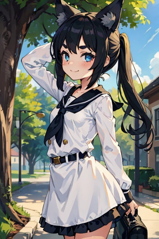 Young girl with black hair, long twintail, twintail hairstyle, (blue eyes), ((small bushy eyebrows)), (wolf ears up), wearing gothic ****ta, ****con clothes, going to school, dull eyes, dull face, going to school, flirtatious smile, small and perky breasts, in a park, wide hips, ready to have sex