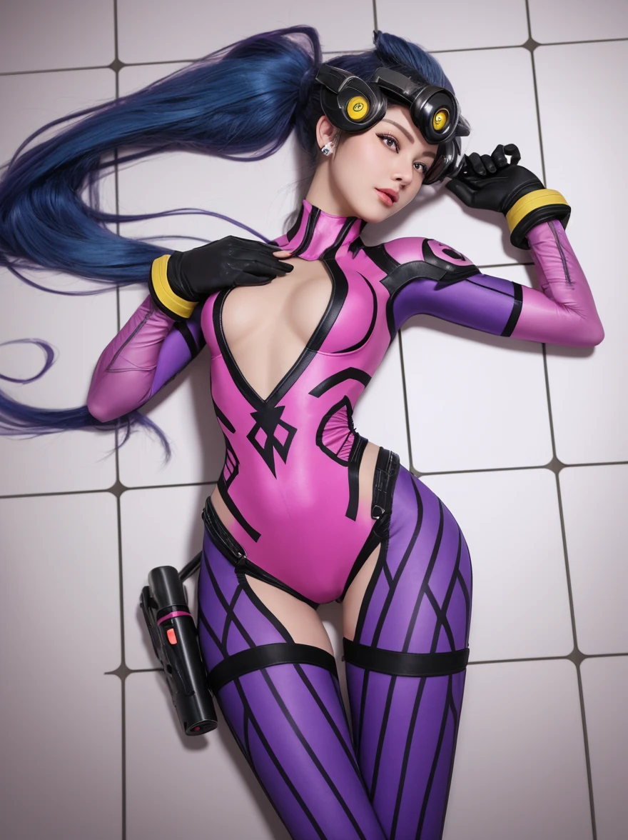 Psylocke with big  and long legs stands blushing。