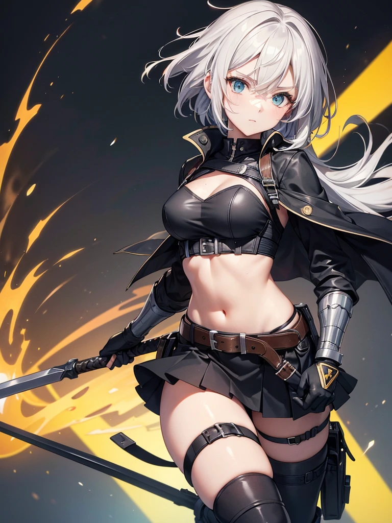 masterpiece, best quality, ultra-detailed, illustration, warm lighting, bright colors, 8K wallpaper, 1girl, sun wukong,female version,solo,yellow eyes,wide hips, big chest,neckline,panties,hood, gray hair, looking at viewer, expressionless,holding a stick, outdoors, grass, field, time of day, sunny, sun,