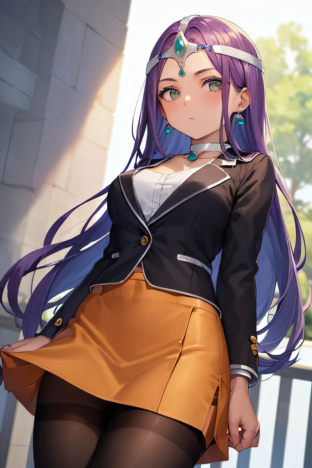 (Best Quality:1.2),  Alone、dqMinea, circlet, earrings, choker, bracelet, ((Tight skirt))、(blush:1.1), Embarrassing, View your viewers、((Photo from below))、(Brown Skin)、(business suit)、((pantyhose))
