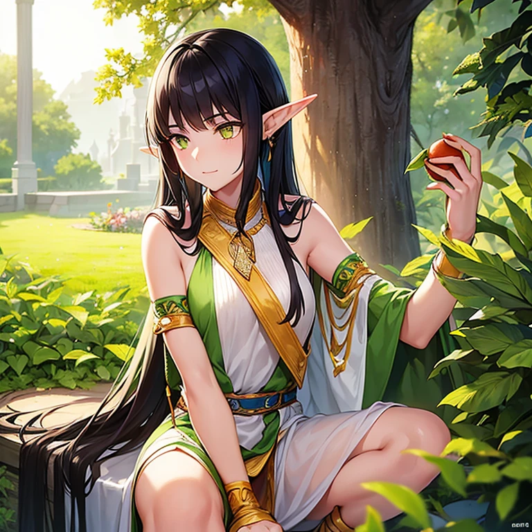 young girl, Long black hair, violet eyes, elf ears, smirk, Purple Sorcerer Form, Gold Elements, water magic, Masterpiece, hiquality, 4k, HD, Good detail