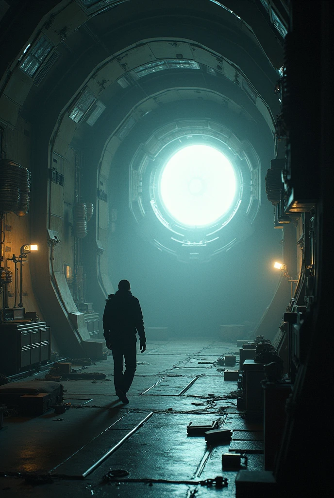 Spaceship internal view, FIRST PERSON PERSPECTIVE CREWMAN, only one arm appears holding a flashlight, the ship's electricity was damaged