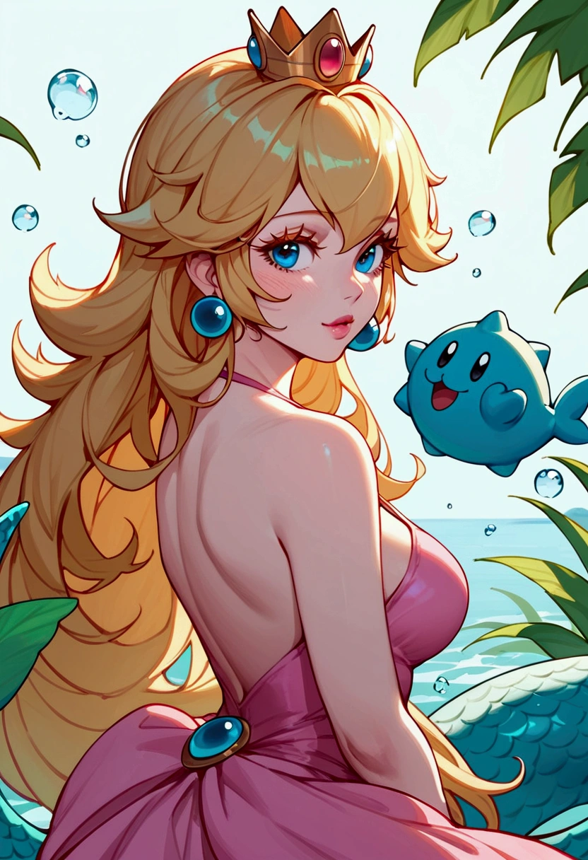 score_9, score_8_up, score_7_up, Nami (League of Legends), 1 girl, blue eyes, mermaid tail, blonde hair, sexy, Princess Peach dress (Mario Bros), squinty eyes, earrings, long eyelashes, sexy, big bust, beautiful face