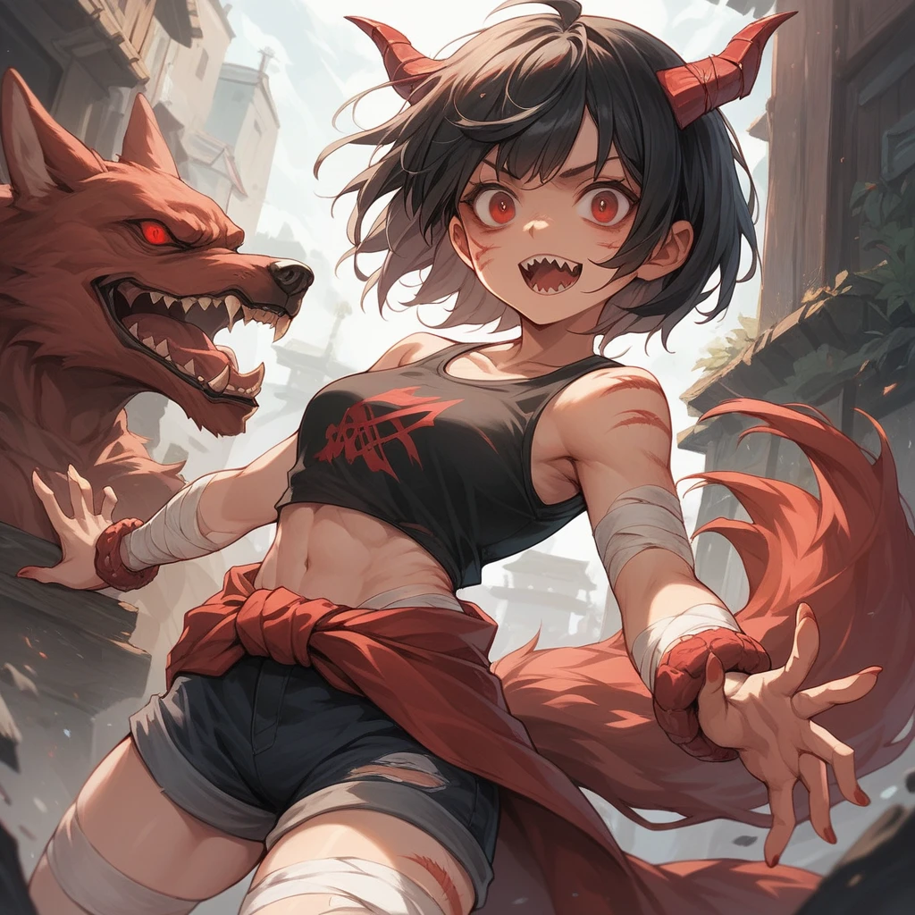 strong tough defined woman, defined abs, short black hair with bangs, small horns, red eyes, sharp canine teeth, using bandages as a top, wearing short black shorts, wearing red poncho tied around waist, marks on the body, anime art