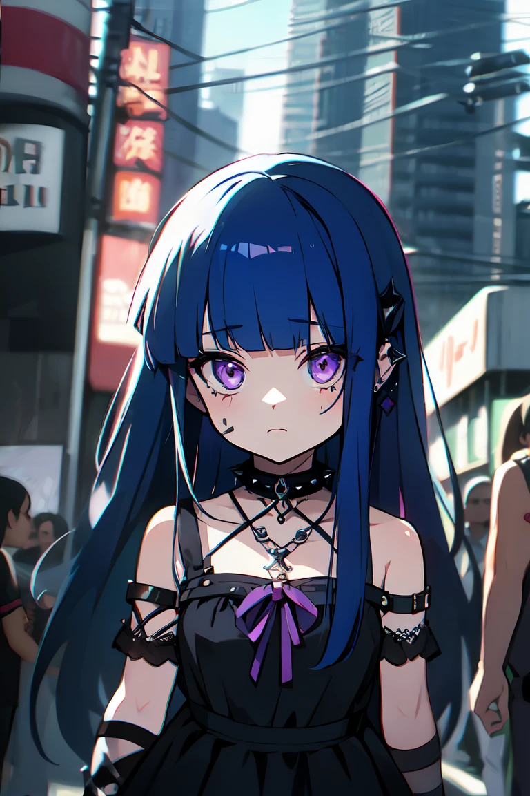 (Rika Furude), Blue Hair, Purple eyes, Long Hair, blunt bangs, bangs, １１age, woman, Alone, Gothic Punk, Spiked Choker, bracelet, Big ribbon, masterpiece、Cityscape background、Graffiti wall