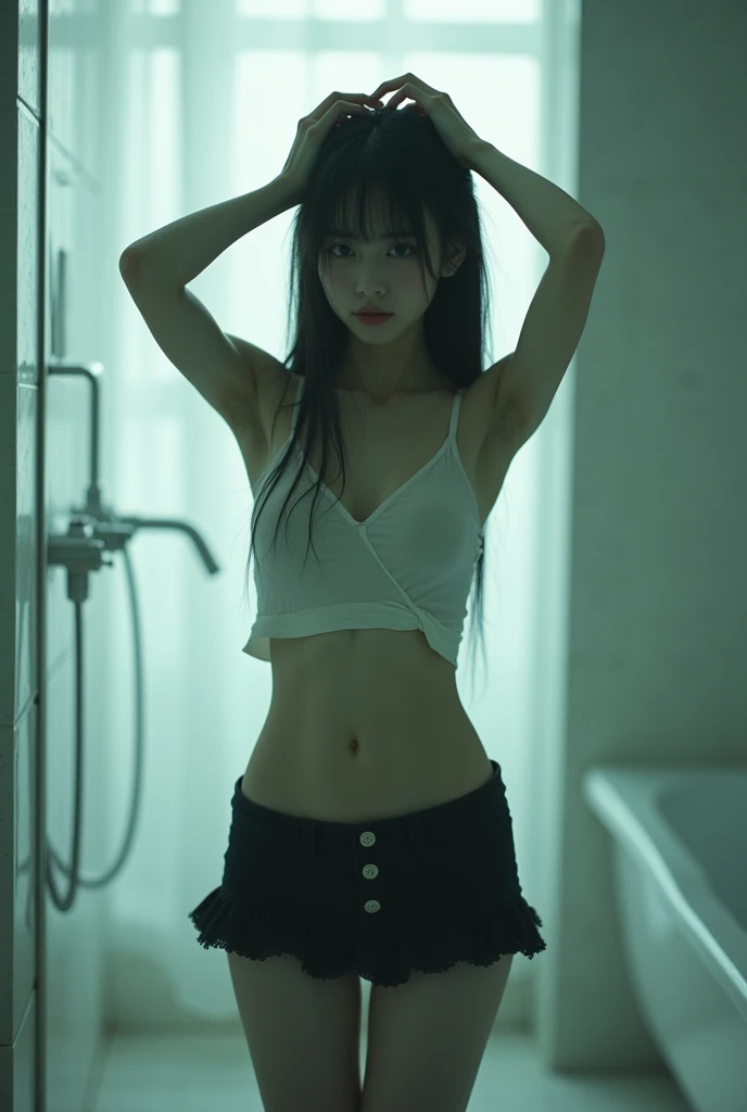 Realistic pretty Korean imouto, dark hair tied, erotic, sleeveless chemise white sheer deep slit, pokies, flat chest, small breast, thigh, groin, kissing and hugging at school orgy, sweat, moist