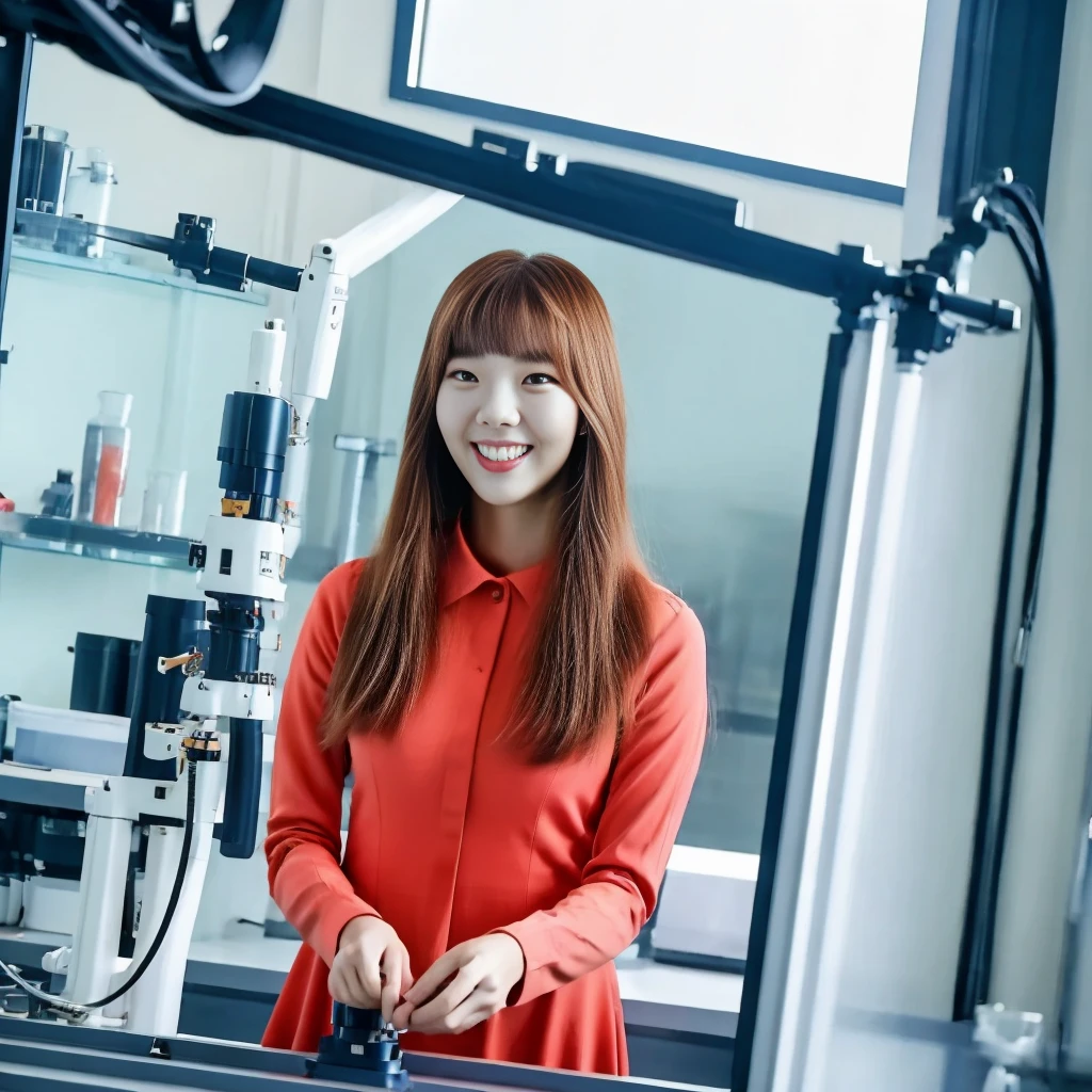 ((upperbody)), woman (Chae Soo-bin, smiling, straight hair drained), dress, looking at viewer, front view, in a high-tech robotic laboratory, HDR