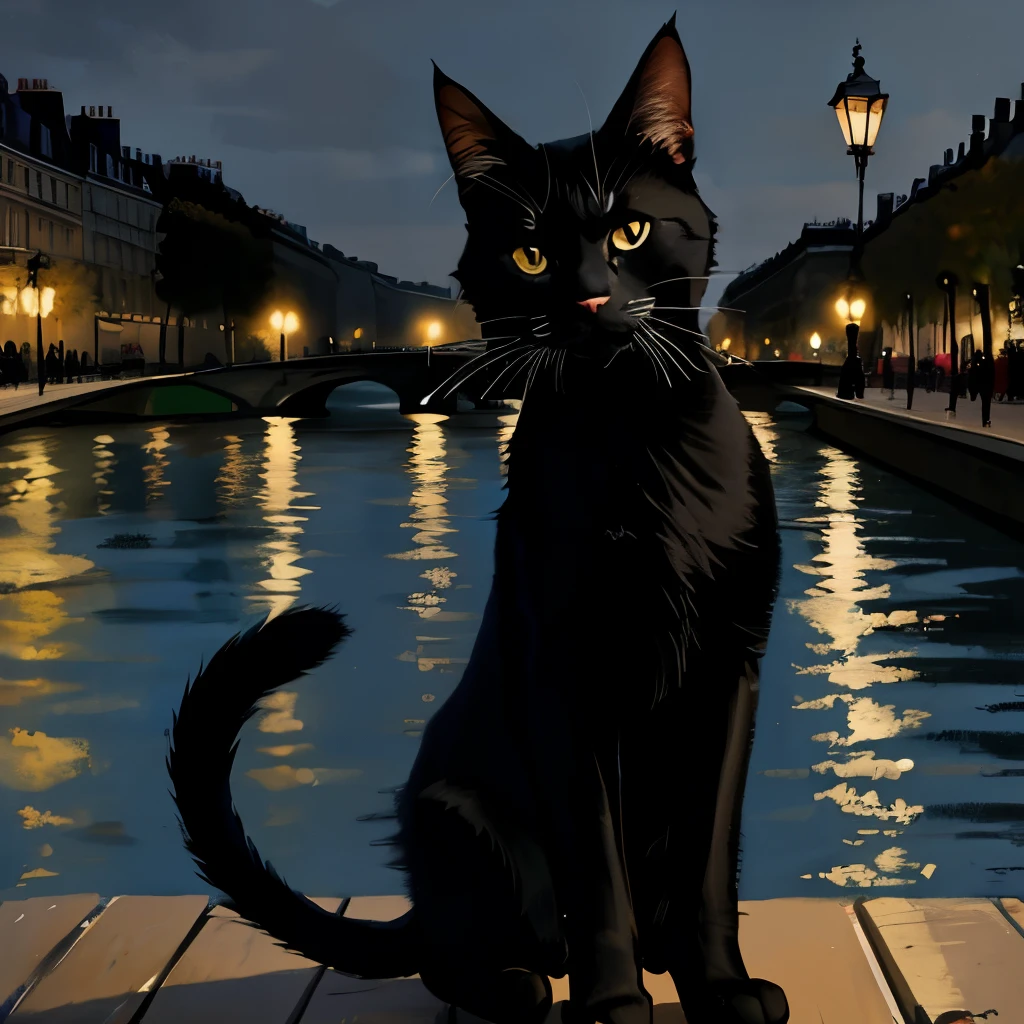 19th century Paris、Seine River at Night、Black Cat、