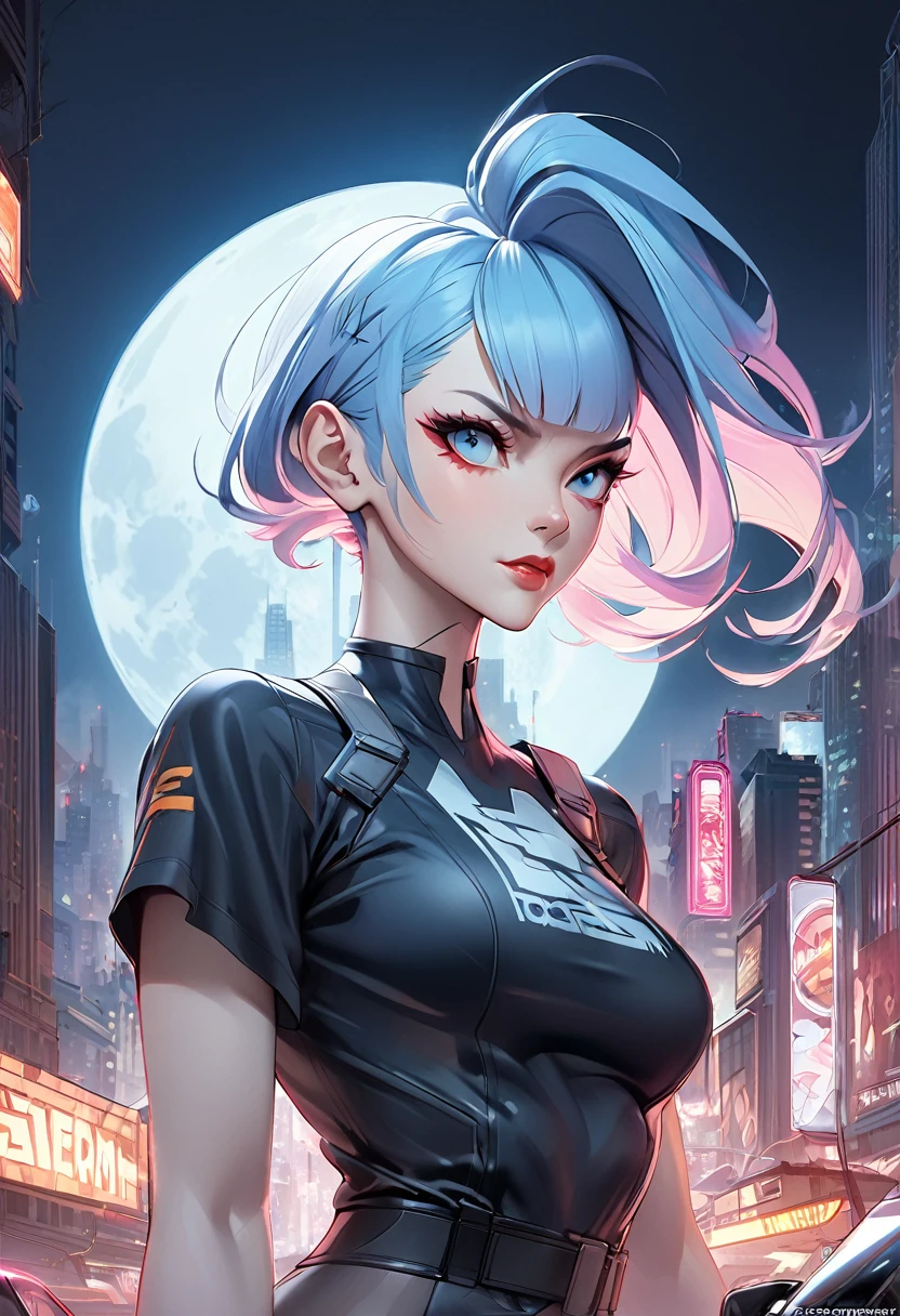 a woman with hair and a black shirt is standing in front of a neon city background with full moon, lois van baarle and rossdraws, portrait of lucy from Cyberpunk Edgerunners, artgerm and lois van baarle, rossdraws 2. 0, rossdraws 1. 0, rossdraws 2. 5, artgerm and rossdraws, artgerm comic, 8K image quality, Masterpiece black background with full moon, 8K image quality, Masterpiece