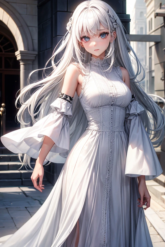 Most beautiful bride wearing an elegant off the shoulder white wedding dress with a vail. Most dreamy figure and facial features. Extremely long white hair and purple eyes.