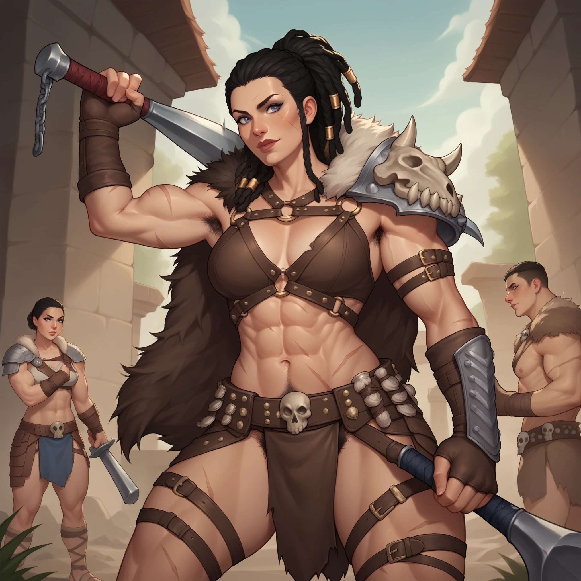 (((beautiful, high quality,  comics style, detailed face))), score_9, score_8_up, score_7_up, BREAK, solo, woman, goliath, half giant, muscles, scars, pale skin, dreadlocks, black hair, tied in a ponytail, gladiator armor, skull shoulder armor, leather harness, crotch harness, fur mantel, leaning, holding a club, hairy armpits, hairy crotch, fur cape, fur loin cloth, studded belt