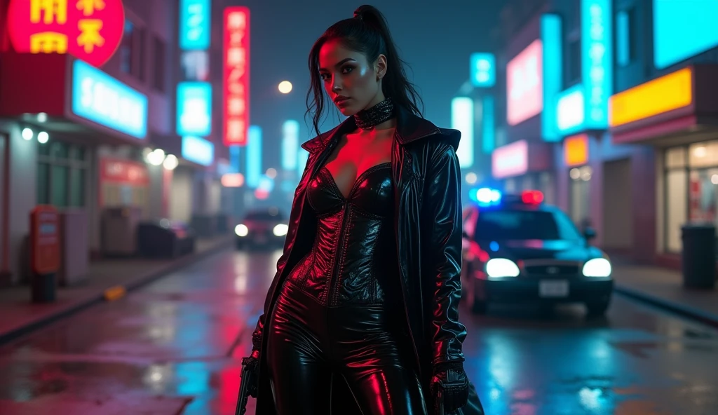 ((best quality: 1.5)) ((masterpiece: 0.8)), intricate details, sharp focus, professional, photorealistic, real life, realistic representation of the face, ((((solo, 1girl), (arrogant, black lipstick, (cyberpunk street))))), bright glow, dynamic pose, gorgeous perfect face, in the style of realistic and hyper detailed renderings, zbrush, hyper realistic oil, contoured shading, dark room, dark background, black background, solo, BREAK; BREAK (((smirking, green eyes, ((((dark eye makeup, weapon), dark wavy hair)))))), (freckles: 0.9), ((body tattoo: 1.2)), ((fujicolor, god rays)), BREAK; BREAK (((((black leather jacket, loose red t-shirt, (underboob))), hyperrealistic, absurdres))), BREAK; BREAK ((((small breasts))))
