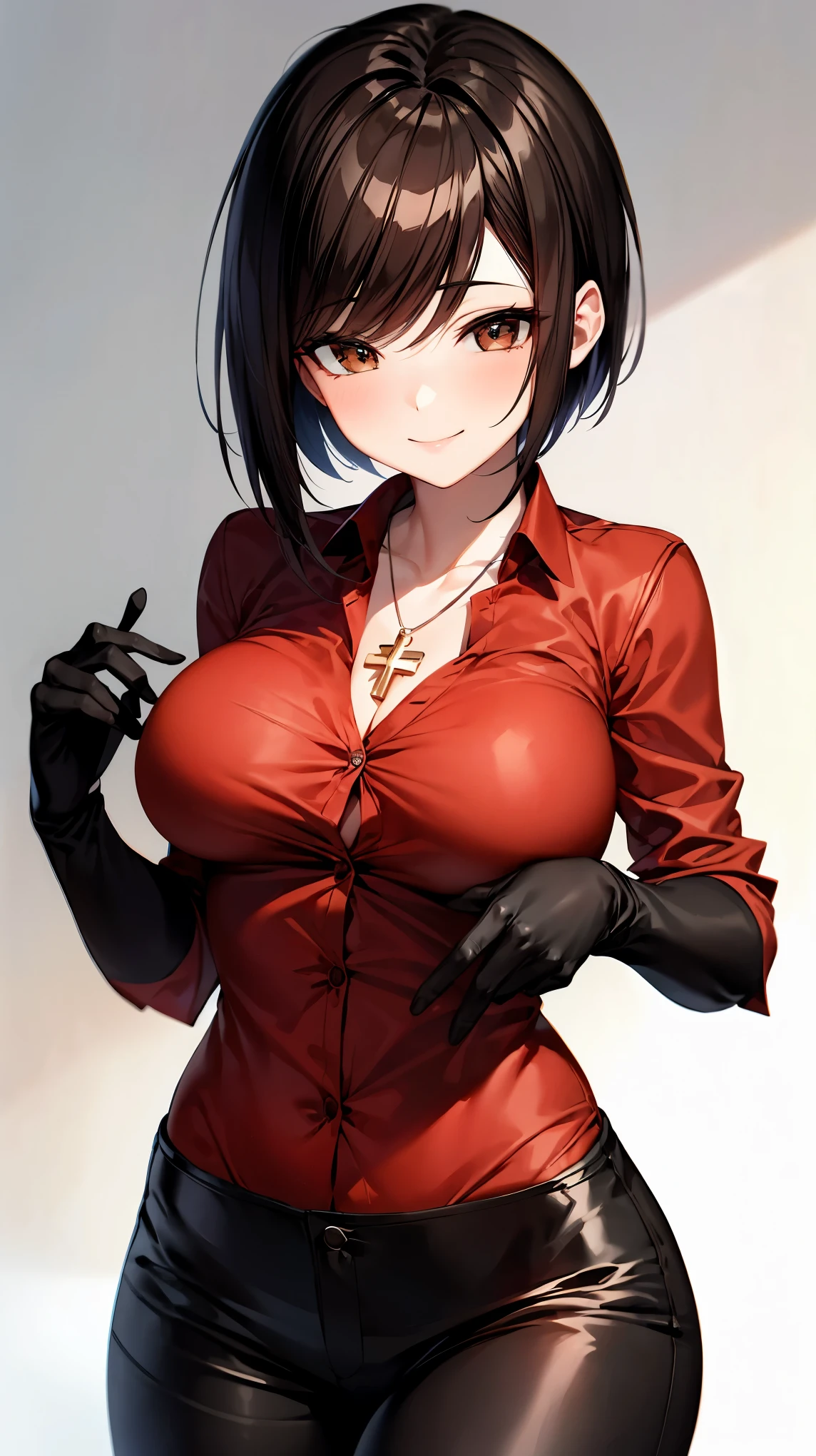 （（super high quality,））（（Ultra-high resolution,））（16k,）（super masterpiece,）（（Ultra HD ,））（Detailed shading,）One sexy woman,Straight black hair, very short,Side-swept bangs,Sharp Eyes,Brown Eyes,smile,A red shirt suit with the third button undone,popped Tight open collar,Cross Necklace,Folded sleeves,Tight black pants,Long black gloves and boots,