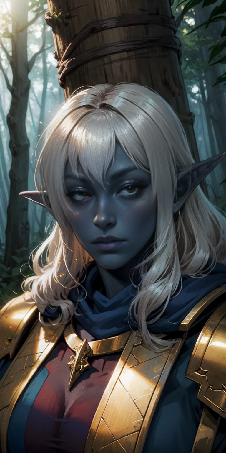 masterpiece, best quality, CG, wallpaper, HDR, high quality, high-definition, extremely detailed, drow, colored skin, dark elf, blue skin, grey skin, pointy ears, cape, armor, looking at viewer, 1girl, forest, dark forest, mythical forest, dimmed light, brown eyes, long hair, chibi