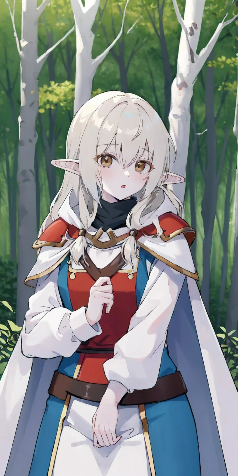 masterpiece, best quality, CG, wallpaper, HDR, high quality, high-definition, extremely detailed, drow, colored skin, dark elf, blue skin, grey skin, pointy ears, cape, armor, looking at viewer, 1girl, forest, dark forest, mythical forest, dimmed light, brown eyes, long hair, chibi