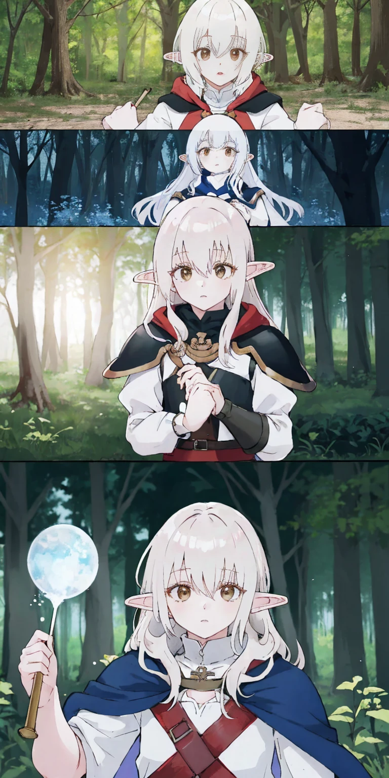 masterpiece, best quality, CG, wallpaper, HDR, high quality, high-definition, extremely detailed, drow, colored skin, dark elf, blue skin, grey skin, pointy ears, cape, armor, looking at viewer, 1girl, forest, dark forest, mythical forest, dimmed light, brown eyes, long hair, chibi