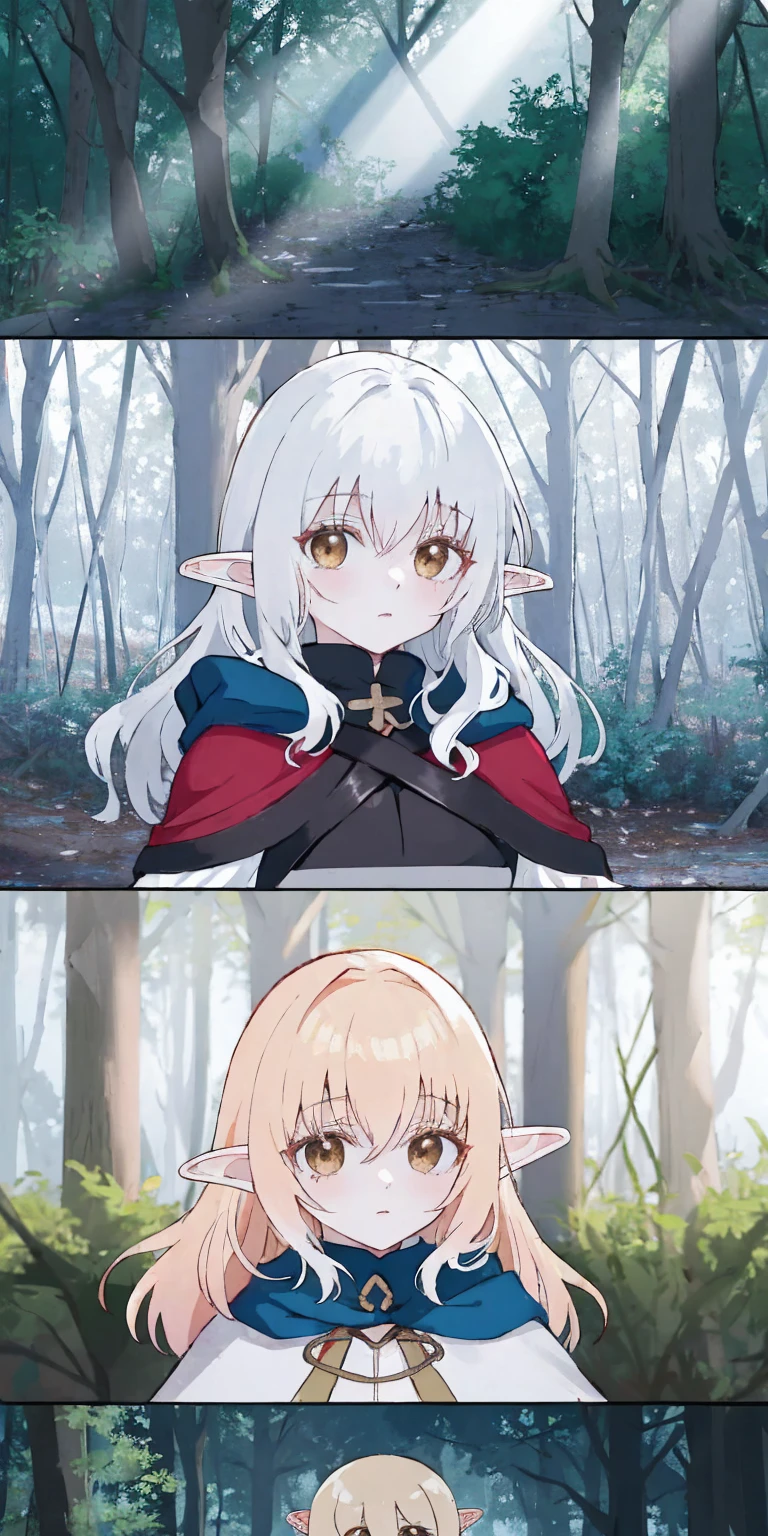 masterpiece, best quality, CG, wallpaper, HDR, high quality, high-definition, extremely detailed, drow, colored skin, dark elf, blue skin, grey skin, pointy ears, cape, armor, looking at viewer, 1girl, forest, dark forest, mythical forest, dimmed light, brown eyes, long hair, chibi