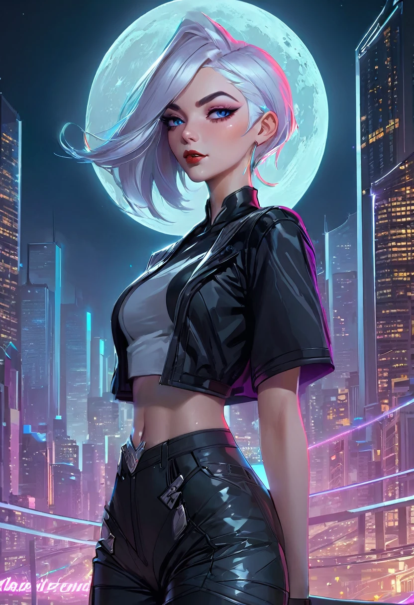 a woman with hair and a black shirt is standing in front of a neon city background with full moon, lois van baarle and rossdraws, portrait of lucy from Cyberpunk Edgerunners, artgerm and lois van baarle, rossdraws 2. 0, rossdraws 1. 0, rossdraws 2. 5, artgerm and rossdraws, artgerm comic, 8K image quality, Masterpiece black background with full moon, 8K image quality, Masterpiece