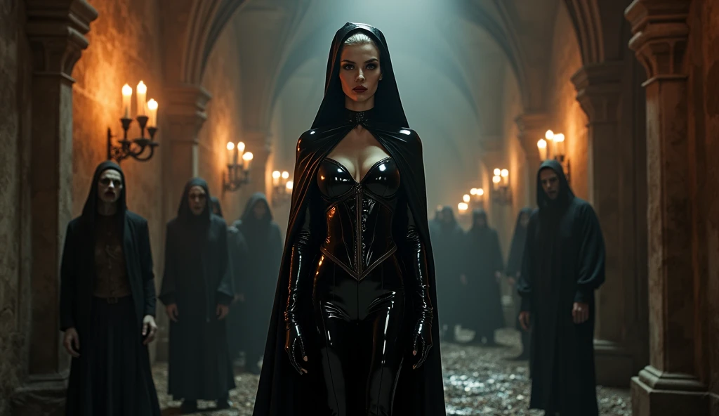 long blonde detailed curly hair, tan skin, doe eyes, athletic build, hourglass figure, Queen of Death, black robes, sexy black outfit, grim reaper, exterior graveyard, surrounded by ones and skulls, black hood, hooded figure, make it look like a fantasy novel where she is the queen of death ruling over her subjects with a serious manner, gorgeous woman, woman, creepy but attractive, unnatural aura, sexy monsters, getting fucked by the grim reaper, with the grim reaper