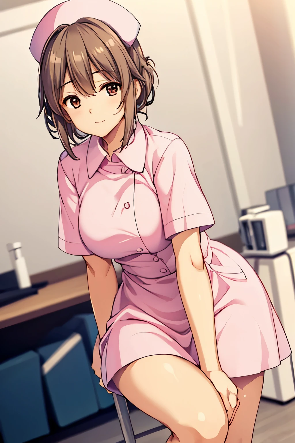 Simple white background, nurse uniform, pink shirt,short sleeves, nurse, nurse cap, brown eyes, brown hair,bangs,Short hair, 1 girl, 20yo,Young female,Beautiful long legs,Beautiful body, Beautiful Nose,Beautiful character design, perfect eyes, perfect face,expressive eyes,perfect balance, looking at viewer,(Focus on her face),closed mouth, (innocent_big_eyes:1.0),(Light_Smile:0.3), official art,extremely detailed CG unity 8k wallpaper, perfect lighting,Colorful, Bright_Front_face_Lighting,White skin, (masterpiece:1.0),(best_quality:1.0), ultra high res,4K,ultra-detailed, photography, 8K, HDR, highres, absurdres:1.2, Kodak portra 400, film grain, blurry background, bokeh:1.2, lens flare,