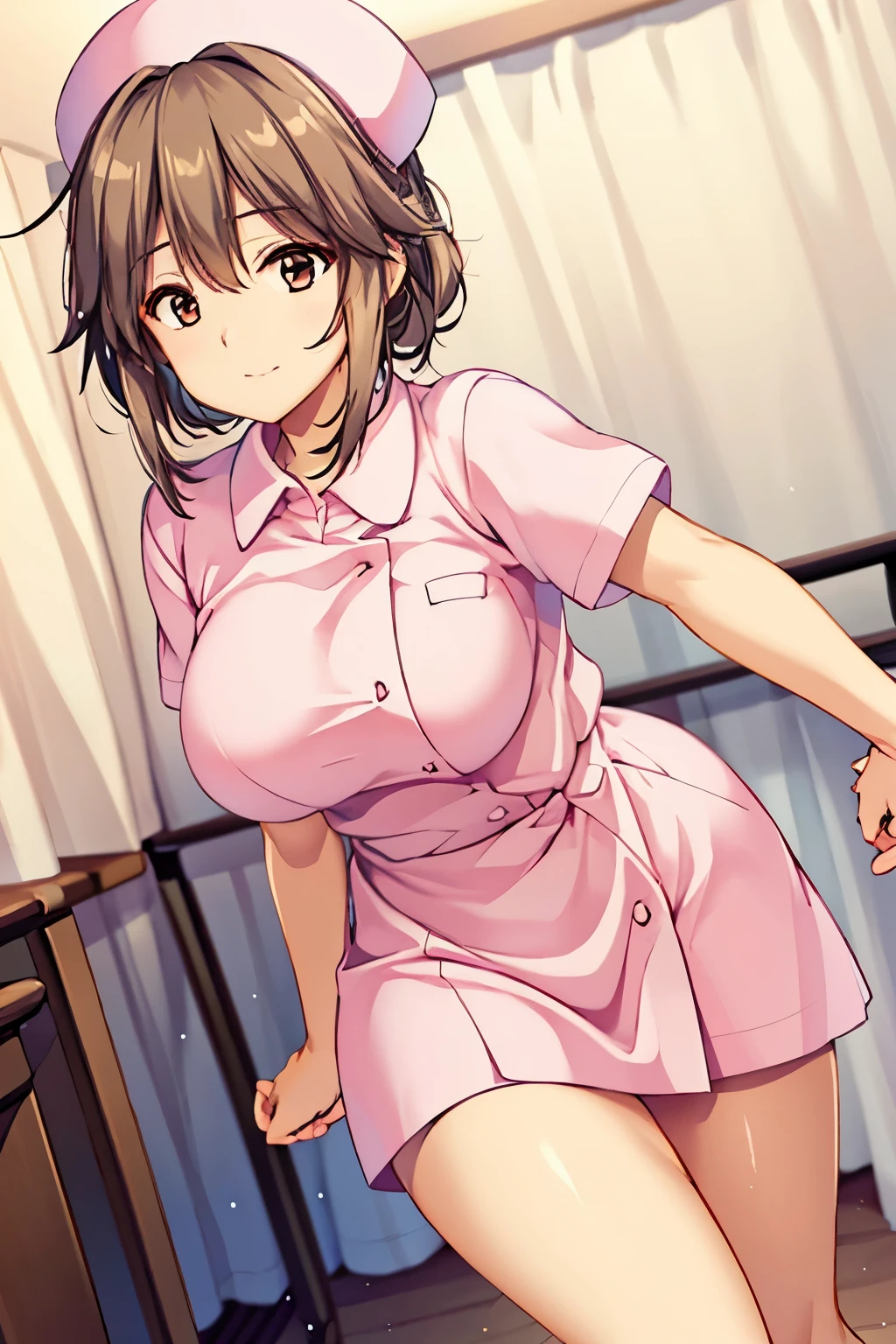 Simple white background, nurse uniform, pink shirt,short sleeves, nurse, nurse cap, brown eyes, brown hair,bangs,Short hair, 1 girl, 20yo,Young female,Beautiful long legs,Beautiful body, Beautiful Nose,Beautiful character design, perfect eyes, perfect face,expressive eyes,perfect balance, looking at viewer,(Focus on her face),closed mouth, (innocent_big_eyes:1.0),(Light_Smile:0.3), official art,extremely detailed CG unity 8k wallpaper, perfect lighting,Colorful, Bright_Front_face_Lighting,White skin, (masterpiece:1.0),(best_quality:1.0), ultra high res,4K,ultra-detailed, photography, 8K, HDR, highres, absurdres:1.2, Kodak portra 400, film grain, blurry background, bokeh:1.2, lens flare,