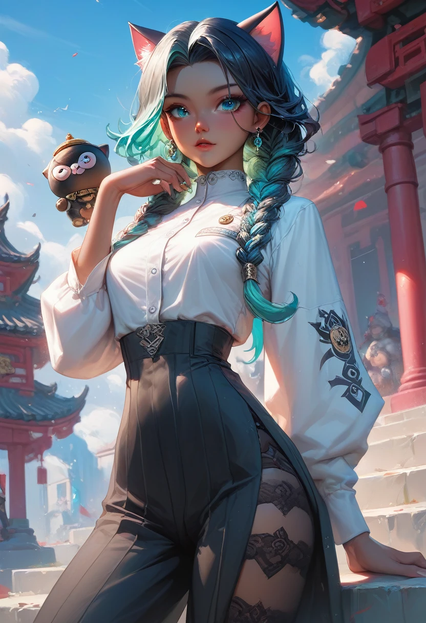 1girl, woman, cat ears sci-fi ninja lord, lace asymmetrical legwear,, hakama trousers, midnight, bombshell hair, multicolor hair with aqua highlights, Goddess Braids, slim, atheletic figure, narrow waist, small breasts, (dark skin:1.3), (noon, architecture, Traditional Korean Hong Kong:1.3)