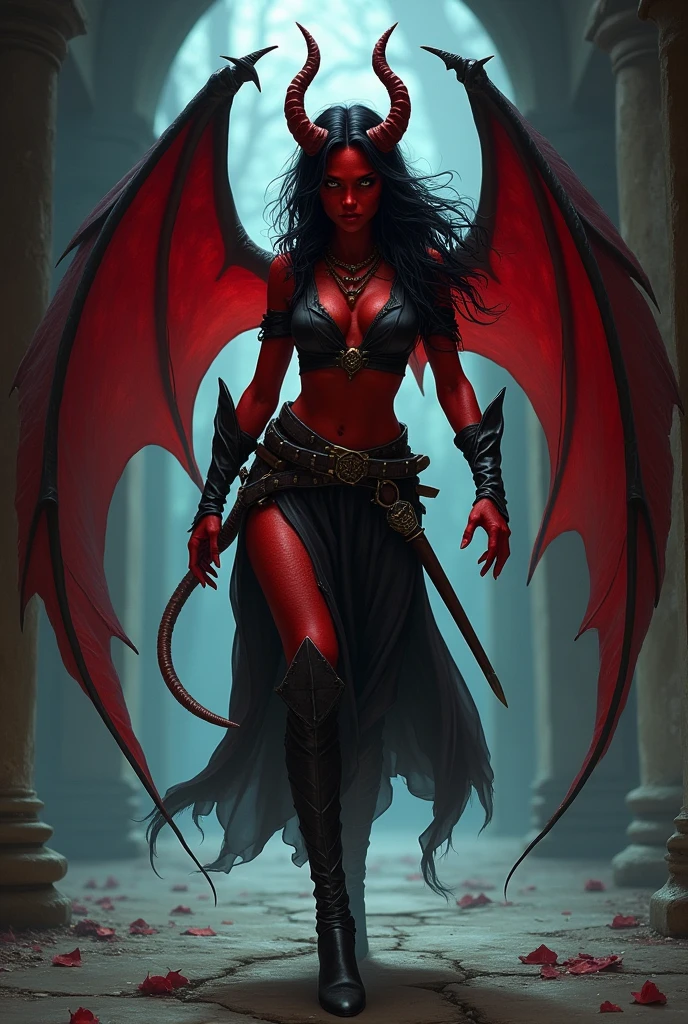 a painting of a holy succubus with horns, gloves, gothic ((mantle)), vampire the masquerade bloodlines, incredible art, gloomy background, nimbus, church ragged vestments, darksketch,