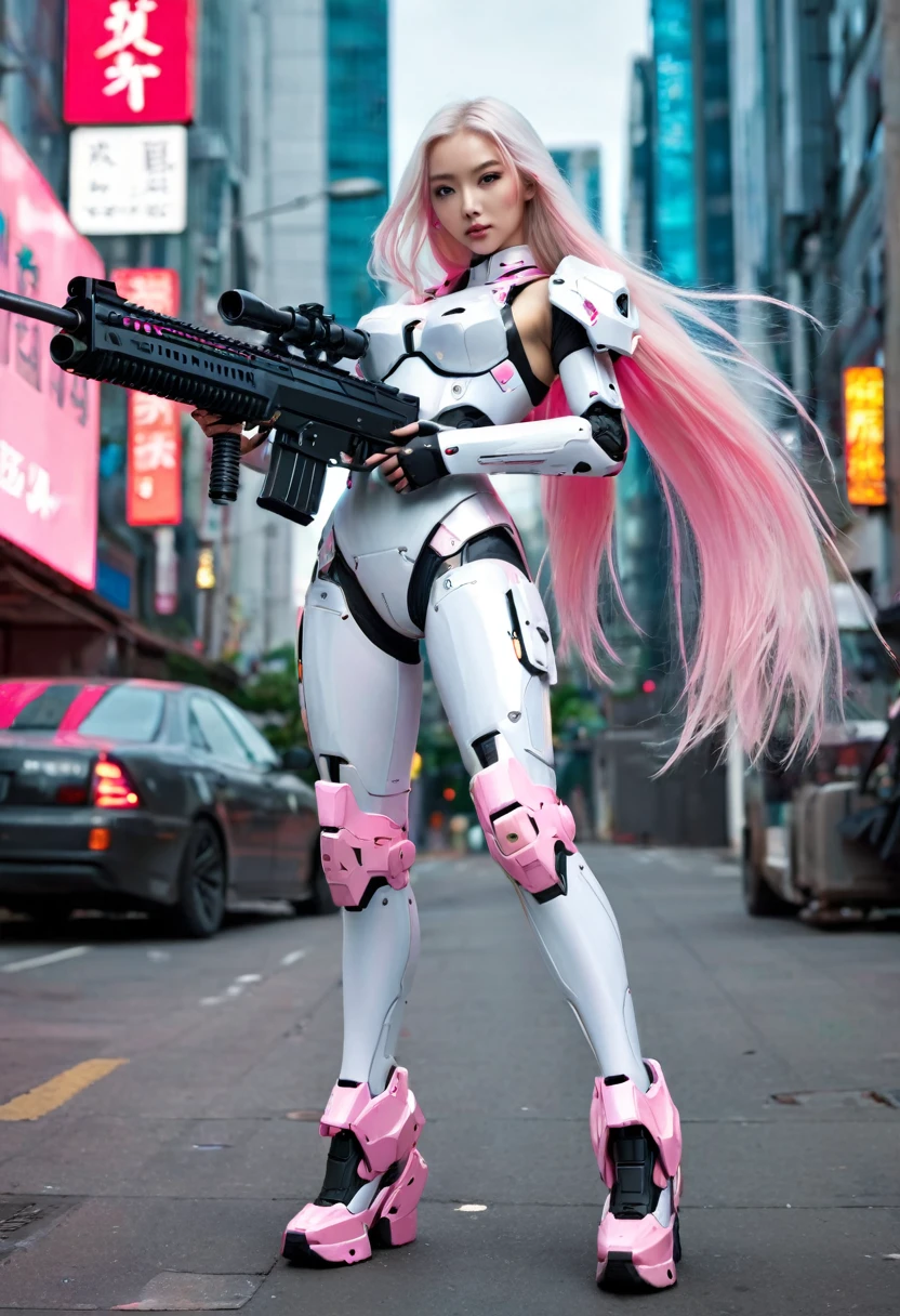 Reality, high resolution, Soft Light,1 female, Solitary, Hips up, (Delicate face), White long hair, Cyber Warrior, Legs and arms for, pink cute body suiy, realistic medium Breasts, Cyberpunk, Weapon, Luminescence, gun, Sniper, on the street, With mecha