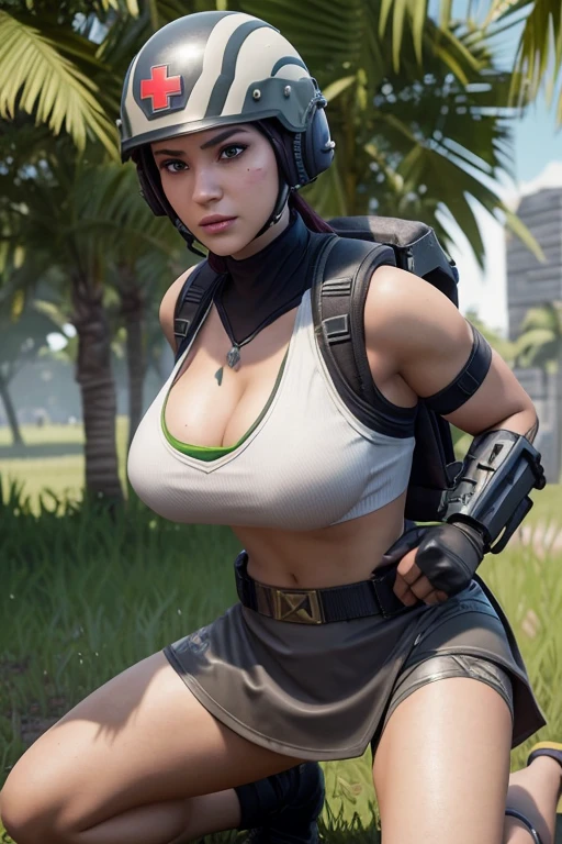 fortnite , chica sexy, kneeling position helping an injured person   ,big girl,perfect body, seductive look  ,sensual and brave,in a battle environment, open mouth ,realistic ,big breasts,sensual legs , chest to ground position , firing position ,a hail of bullets , confrontation ,lots of action ,armored vehicles ,and many players fighting  ,mystical weapons ,super powers  , while calling for reinforcements ,special forces ,War,super heroes ,fortnite isla verde ,full of vegetation and farms ,Skin de fortnite ,green eyes ,grey latex skirt, white bulletproof vest,White hair ,helmet with a red cross ,red,medica,