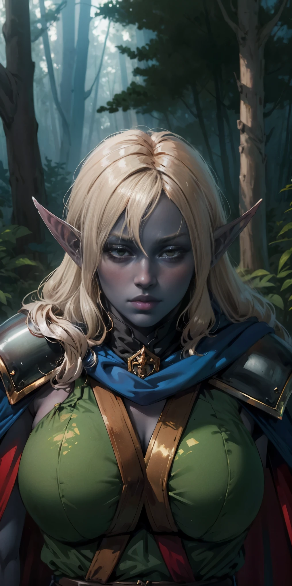 masterpiece, best quality, CG, wallpaper, HDR, high quality, high-definition, extremely detailed, drow, colored skin, dark elf, blue skin, grey skin, pointy ears, cape, armor, looking at viewer, 1girl, forest, dark forest, mythical forest, dimmed light, brown eyes, long hair, chibi