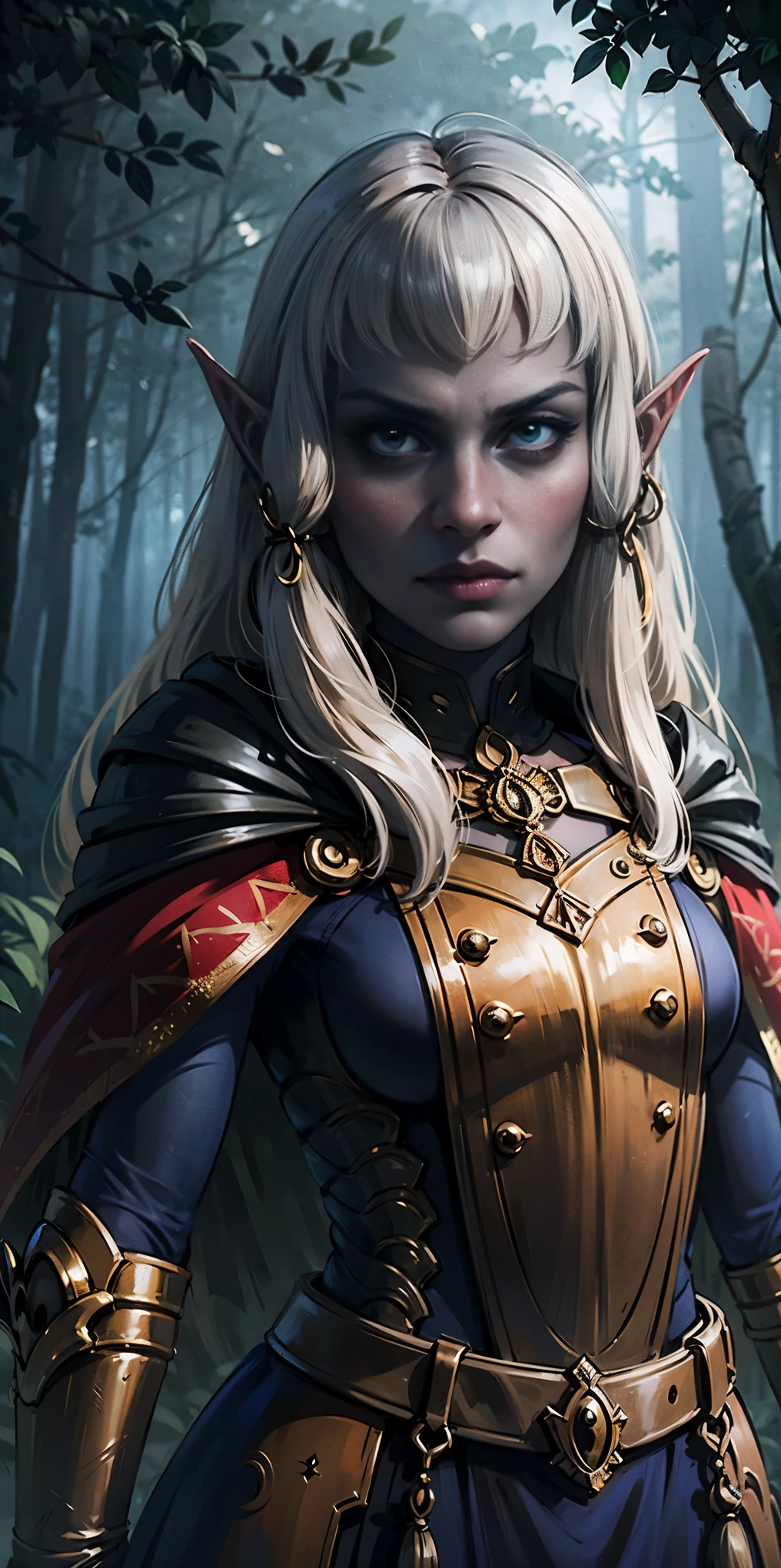 masterpiece, best quality, CG, wallpaper, HDR, high quality, high-definition, extremely detailed, drow, colored skin, dark elf, blue skin, grey skin, pointy ears, cape, armor, looking at viewer, 1girl, forest, dark forest, mythical forest, dimmed light, brown eyes, long hair, chibi