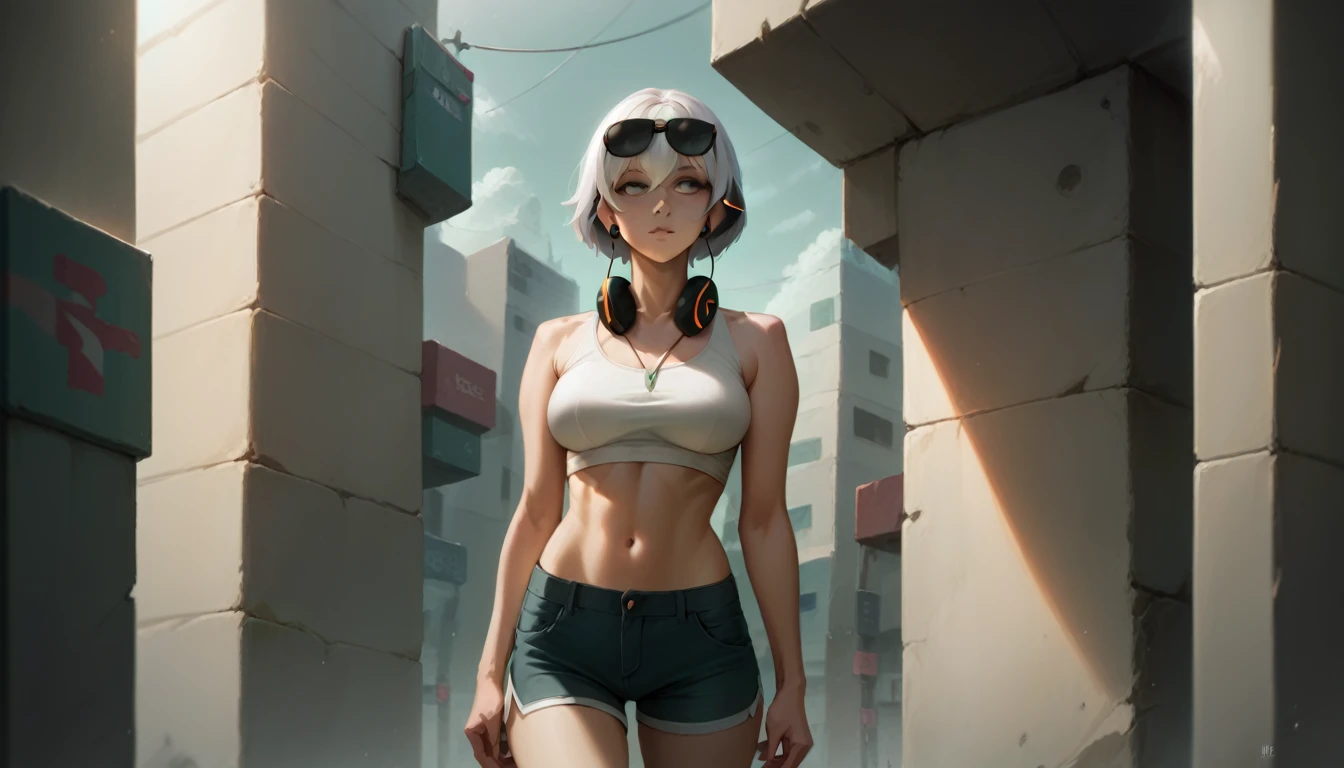 Long, straight, smooth white hair, white eyes, standing with crop top and shorts, earphones or headphones on neck, glasses on head, masterpiece, super detail, best quality, 8k, realistic.