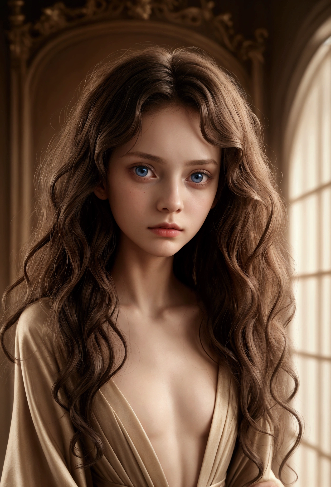 "Full body portrait of a charming girl with curly hair, figure, beautiful face, captivating blue eyes, and large bust size, showcasing her natural beauty."