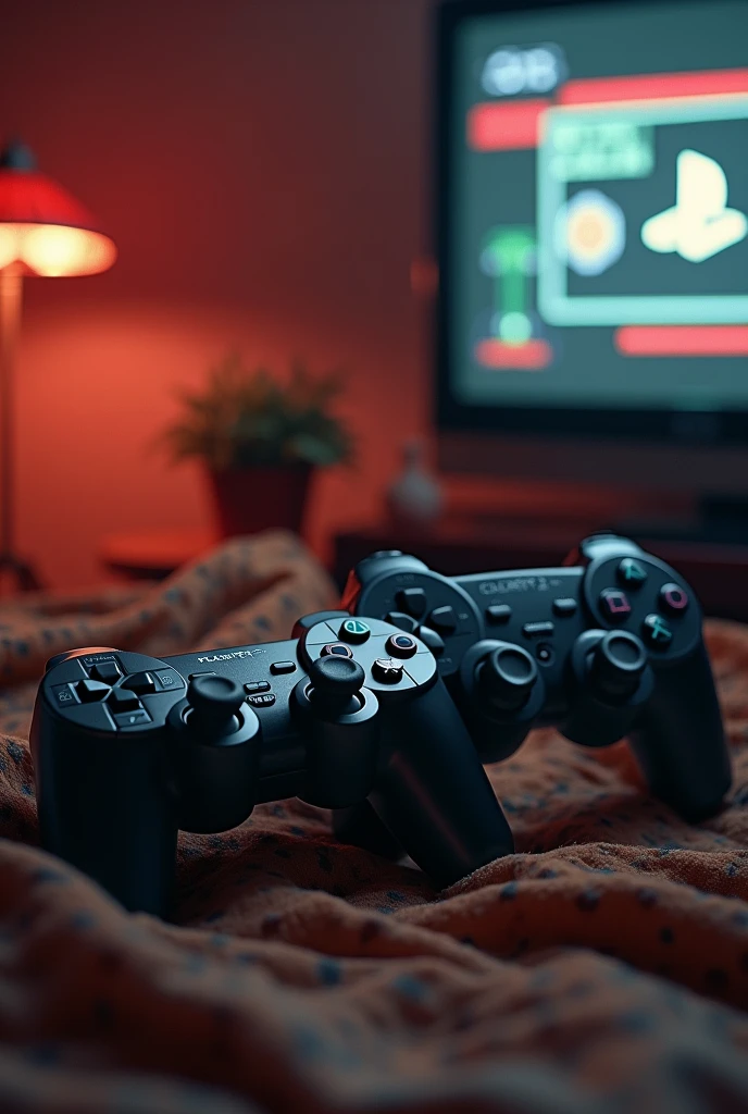 AR-15 rifle on a gaming table with PlayStation controllers in a humble home