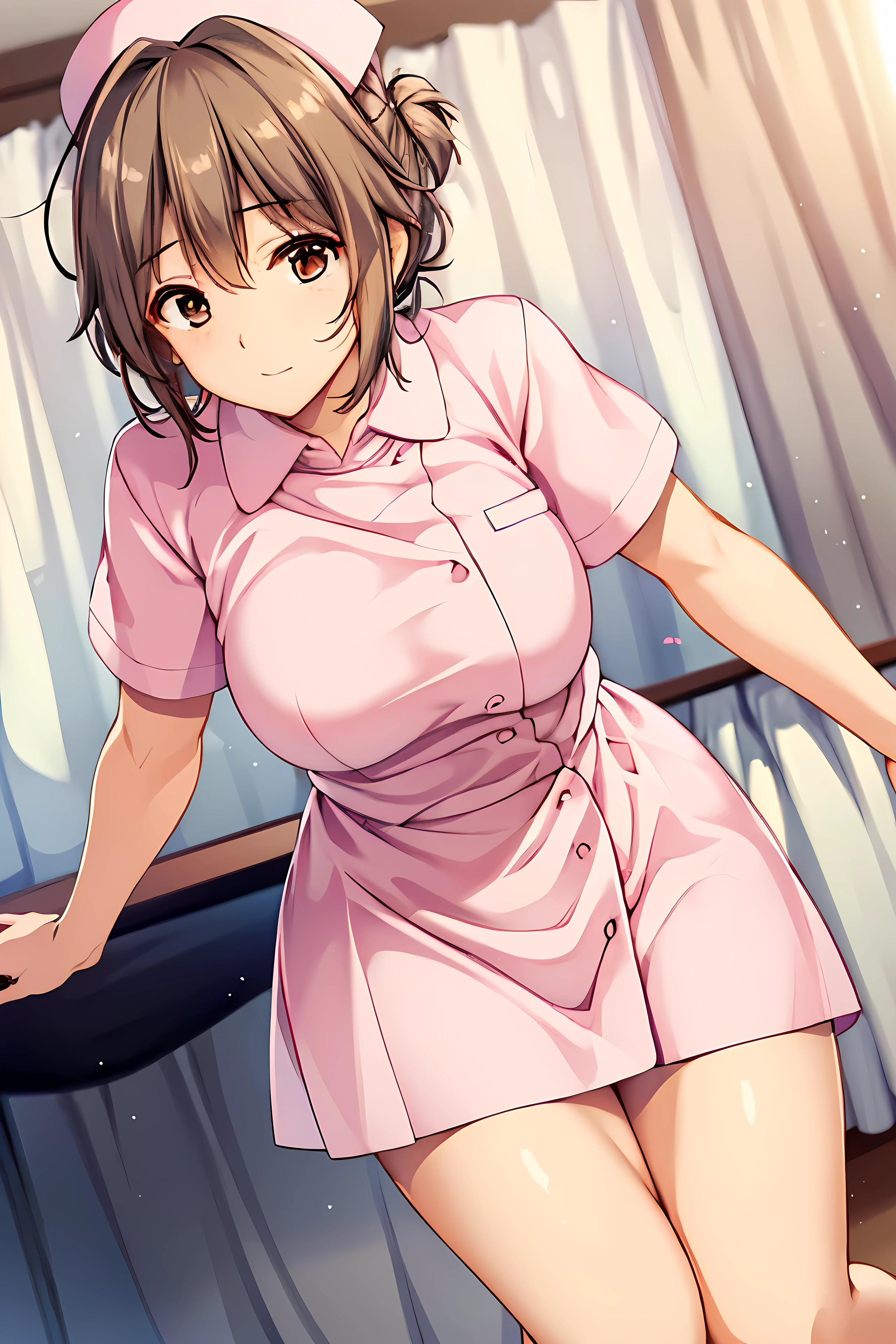 Simple white background, nurse uniform, pink shirt,short sleeves, nurse, nurse cap, brown eyes, brown hair,bangs,Short hair, 1 girl, 20yo,Young female,Beautiful long legs,Beautiful body, Beautiful Nose,Beautiful character design, perfect eyes, perfect face,expressive eyes,perfect balance, looking at viewer,(Focus on her face),closed mouth, (innocent_big_eyes:1.0),(Light_Smile:0.3), official art,extremely detailed CG unity 8k wallpaper, perfect lighting,Colorful, Bright_Front_face_Lighting,White skin, (masterpiece:1.0),(best_quality:1.0), ultra high res,4K,ultra-detailed, photography, 8K, HDR, highres, absurdres:1.2, Kodak portra 400, film grain, blurry background, bokeh:1.2, lens flare,