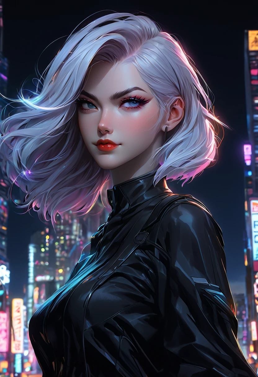 a woman with hair and a black shirt is standing in front of a neon city background with full moon, lois van baarle and rossdraws, portrait of lucy from Cyberpunk Edgerunners, artgerm and lois van baarle, rossdraws 2. 0, rossdraws 1. 0, rossdraws 2. 5, artgerm and rossdraws, artgerm comic, 8K image quality, Masterpiece black background with full moon, 8K image quality, Masterpiece