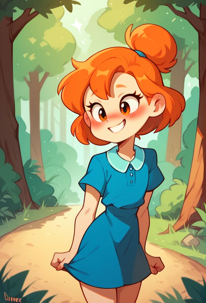 meilinlee, orange hair, blue dress, smile, blush, outdoors, forest, by diives