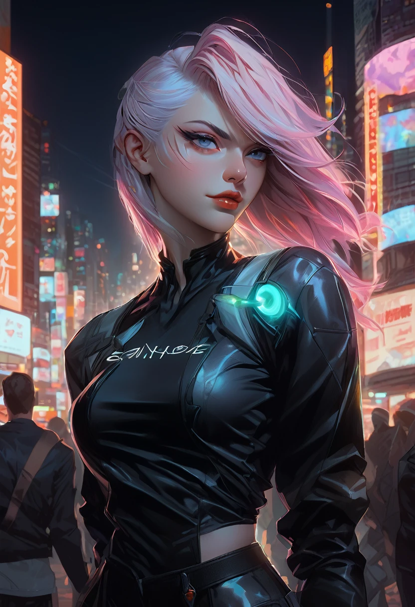 a woman with hair and a black shirt is standing in front of a neon city background with full moon, lois van baarle and rossdraws, portrait of lucy from Cyberpunk Edgerunners, artgerm and lois van baarle, rossdraws 2. 0, rossdraws 1. 0, rossdraws 2. 5, artgerm and rossdraws, artgerm comic, 8K image quality, Masterpiece black background with full moon, 8K image quality, Masterpiece