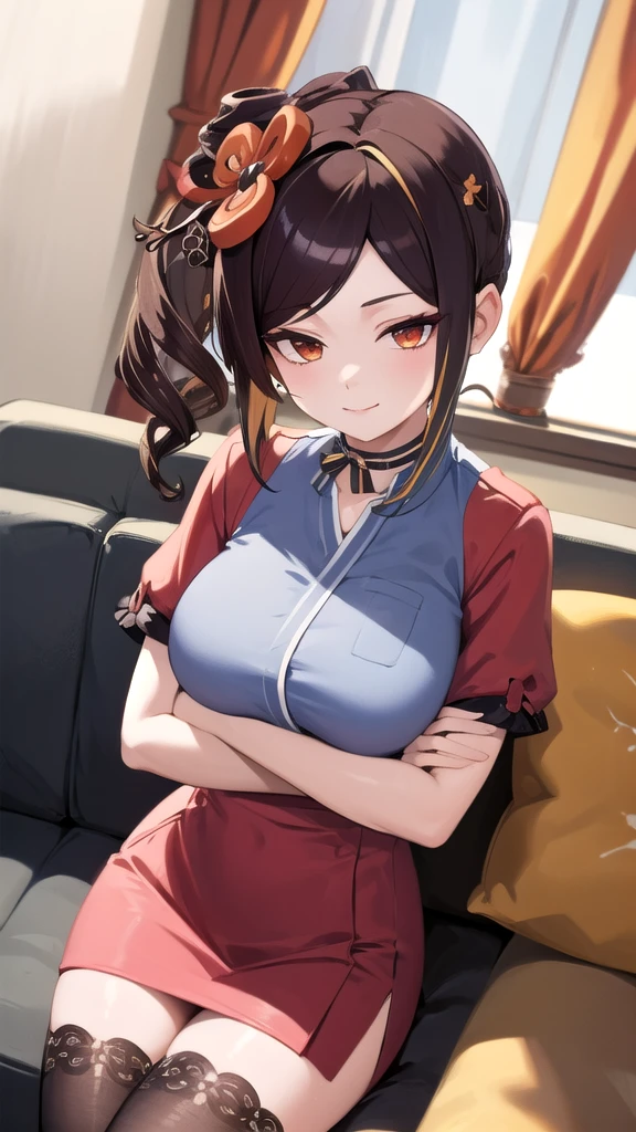 (masterpiece, best quality, detailed), 1girl, solo, looking at viewer, chiori, hair ornament, flower, hair flower, long hair, choker,
nurse, nurse uniform, white thighhighs, nurse cap, id card, pink dress, indoors, couch, pillow, window, curtains, potted plant, dutch angle, crossed arms, breast hold, arms under breasts, smile, closed mouth, smug