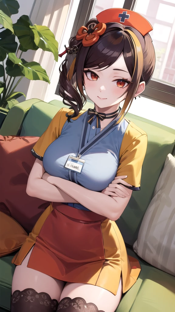 (masterpiece, best quality, detailed), 1girl, solo, looking at viewer, chiori, hair ornament, flower, hair flower, long hair, choker,
nurse, nurse uniform, white thighhighs, nurse cap, id card, pink dress, indoors, couch, pillow, window, curtains, potted plant, dutch angle, crossed arms, breast hold, arms under breasts, smile, closed mouth, smug