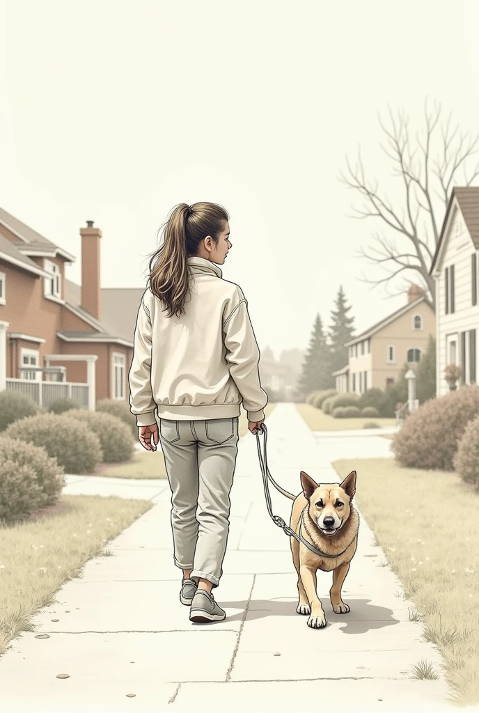 a girl walking her dog, that is drawn but that is further away and that walks looking to the right and that the houses can be seen but that the houses are in the background but as a drawing that is a young woman