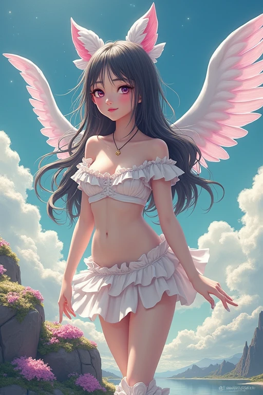 (RAW photo:1.2), (realistic), beautiful detailed girl, very detailed eyes and face, detailed and beautiful eyes, huge file size, High resolution, very detailed, highest quality, [table top:1.6], figure, very detailed, small details, highest quality, 8k wallpaper, movie lighting, 15 year old Japan female angel, skyline, angel ring on head,  angel wings, Because I&#39;m slender, immature body, young face, , I can see the nipples, I&#39;m not wearing anything on my upper body, I can see white panties, barefoot, fly in the sky, fluffy clouds, flower garden, happy look, mysterious sight, refreshing air