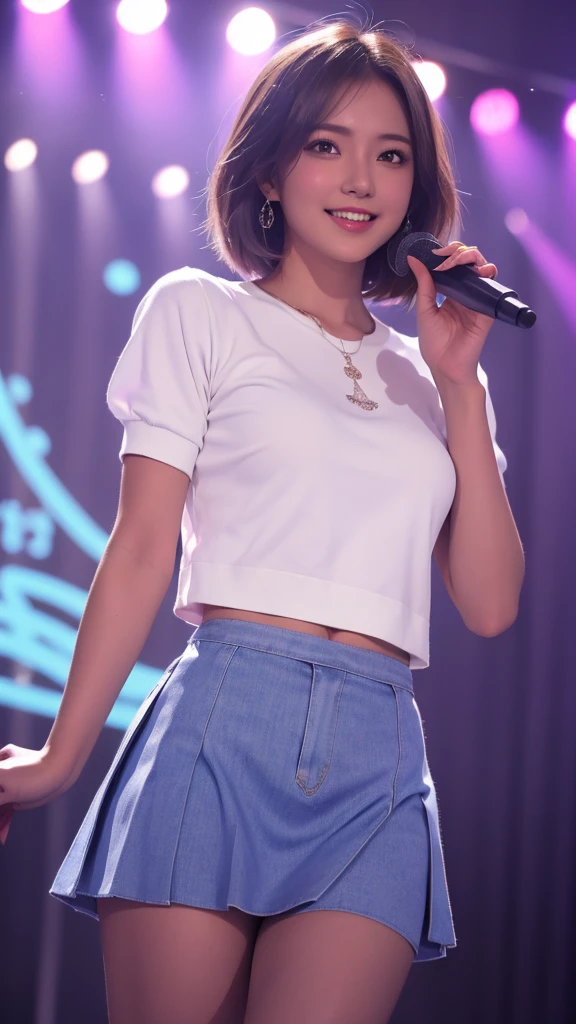 8K quality、masterpiece, highest quality, Realistic, 4K, Bokeh, Nogizaka-style beautiful girl, Active smile、 Slim and tall figure, Exposed bare shoulders, Sexy clavicle、masterpiece、One Woman、Model Body Type、Brown short hair、Brown eyes、Ring piercing of the earlobe、Grab the microphone、Sing a song、Dancing and singing in a nightclub、Sweat、 uniform、Short white button-down shirt、Short pleated skirt、Sexy see-through lingerie、Off the shoulder、Beautiful feet、Beautiful thighs、Shooting from below