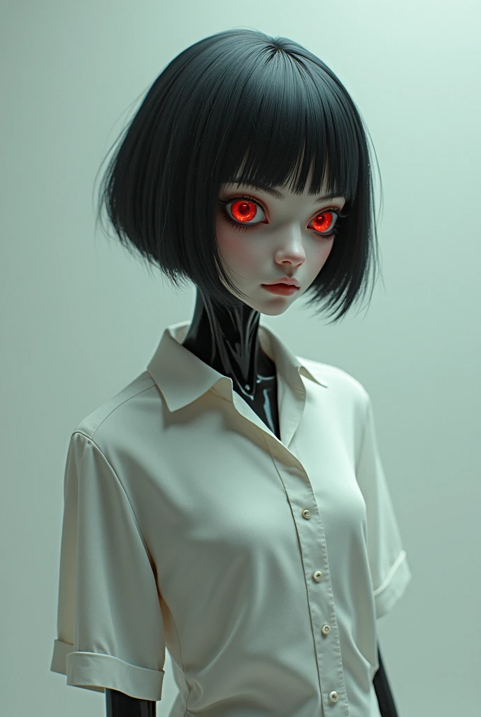 1 woman, short black hair, 8 red eyes, monster girl, arachne, spider girl, white shirt, 