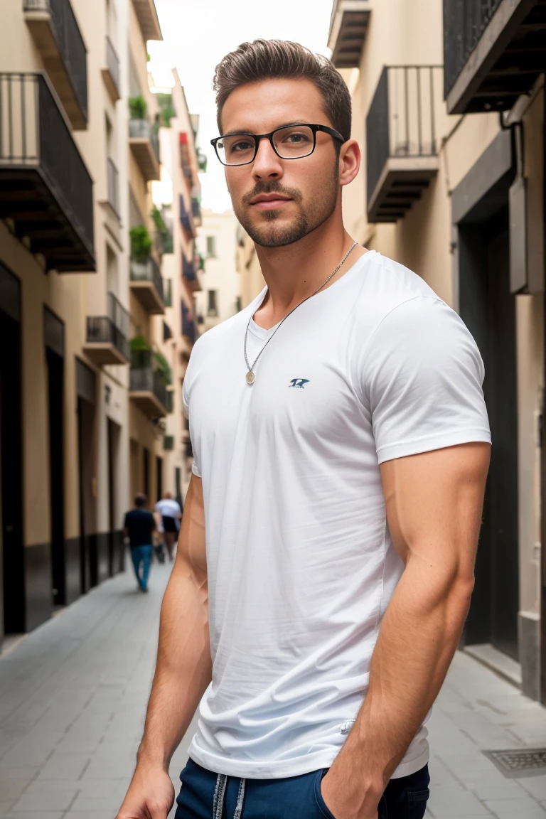 1man, A full body shot of a charismatic male fitness model, 30 years old，small beard, Sexy and charming expression，gloomy eyes，Blue eyes, captured walking in a Barcelona street, wearing a fitted white t-shirt and round-rimmed glasses, soft natural lighting, cinematic and moody, (best quality,4k,8k,highres,masterpiece:1.2),ultra-detailed,(realistic,photorealistic,photo-realistic:1.37),HDR,studio lighting,professional,vivid colors,dramatic lighting