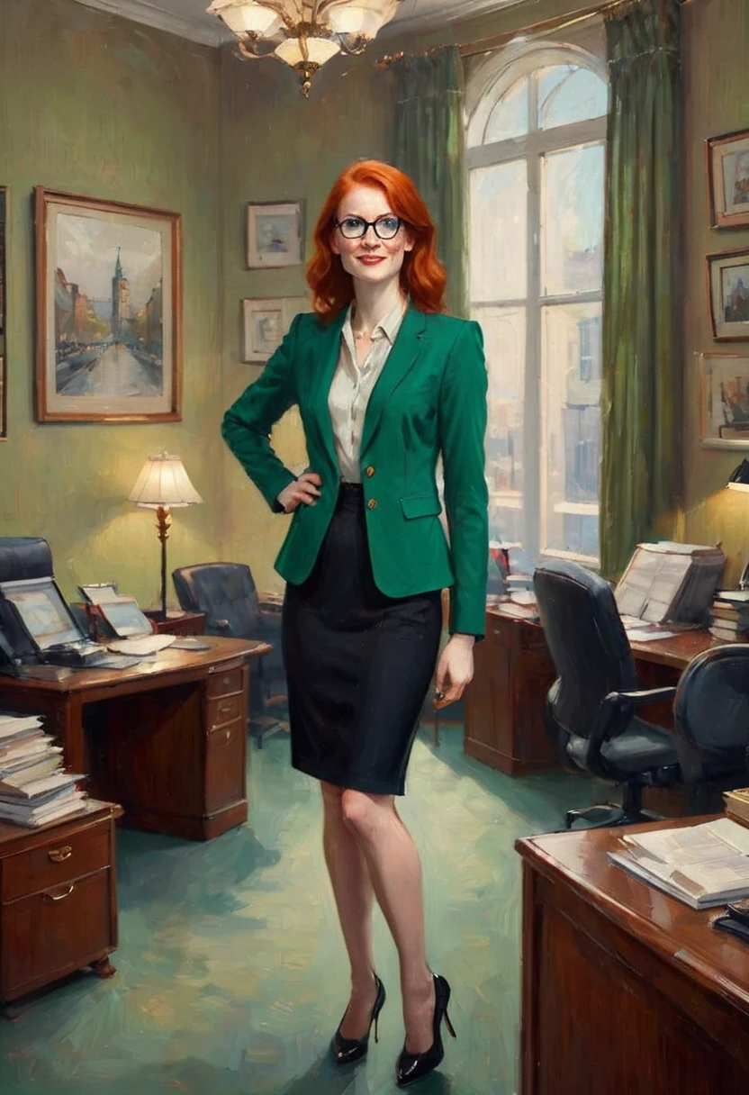 (full body:1.4),Tall, slender ((redhead)) woman of Irish descent. (pale:1.3)complexion. blue eyes, cute butt, nice legs. Kind eyes, cute smile. Eyeglasses, Mascara, red lipstick, necklace, green blazer and pencil skirt, blouse, black pantyhose, stiletto heels. Lawyer, in office.