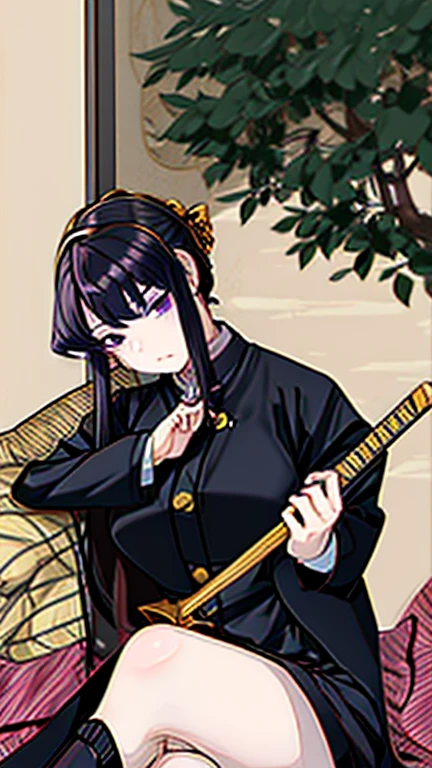 demon slayer anime style,  Kotouji Agamaki, 1 girl 2, serious and calm with gold eyes and pronounced eyebrows, Long straight braided hair surrounding your hair, dark purple hair with the most striking violet tips and two side sideburns of hair and long bangs, She wears a long-sleeved hunter uniform with a dark magenta skirt and everything., a katana, a black japanese coat with gold floral).   Kimetsu no yaiba anime. Sitting on her legs, in a fic, next to a window from head to toe with landscape background of a cherry tree and a sunset,