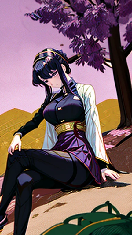 demon slayer anime style,  Kotouji Agamaki, 1 girl 2, serious and calm with gold eyes and pronounced eyebrows, Long straight braided hair surrounding your hair, dark purple hair with the most striking violet tips and two side sideburns of hair and long bangs, She wears a long-sleeved hunter uniform with a dark magenta skirt and everything., a katana, a black japanese coat with gold floral).   Kimetsu no yaiba anime. Sitting on her legs, in a fic, next to a window from head to toe with landscape background of a cherry tree and a sunset,