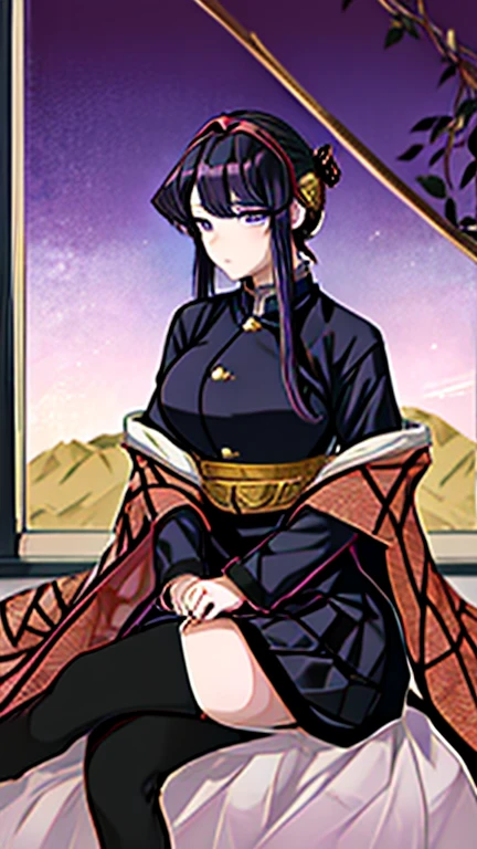 demon slayer anime style,  Kotouji Agamaki, 1 girl 2, serious and calm with gold eyes and pronounced eyebrows, Long straight braided hair surrounding your hair, dark purple hair with the most striking violet tips and two side sideburns of hair and long bangs, She wears a long-sleeved hunter uniform with a dark magenta skirt and everything., a katana, a black japanese coat with gold floral).   Kimetsu no yaiba anime. Sitting on her legs, in a fic, next to a window from head to toe with landscape background of a cherry tree and a sunset,